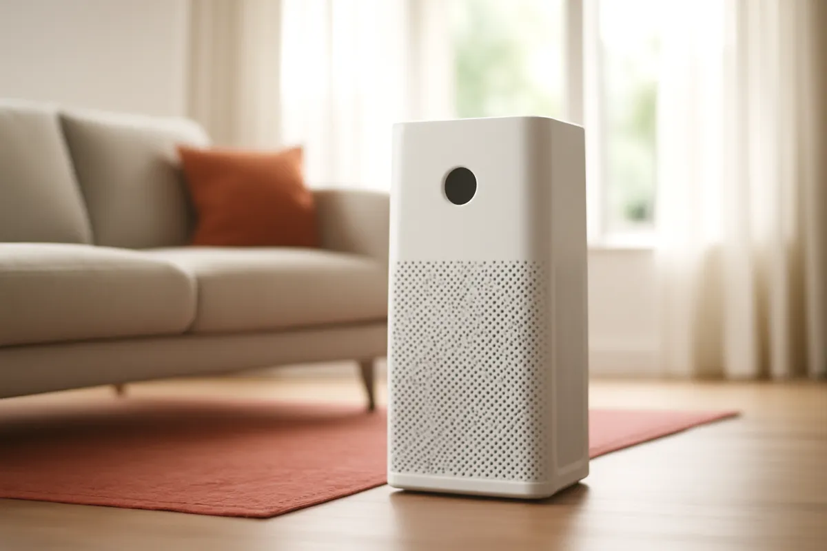 A sleek white air purifier standing in a bright, airy living room with large windows