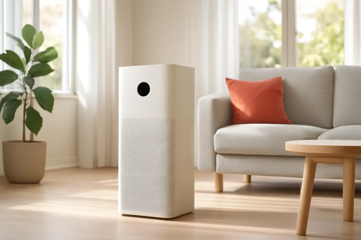 A modern white air purifier in a bright airy living room with large windows and soft natural daylight