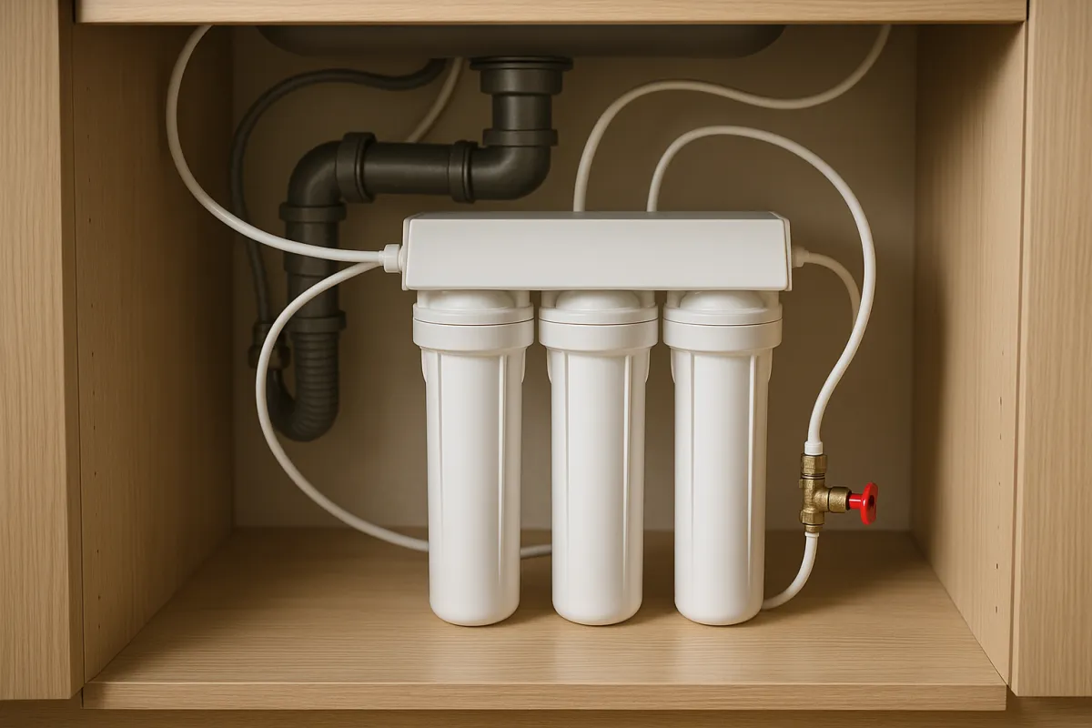 A three-cartridge under-sink filter housing with a red-handled shutoff valve, the same housing-and-valve design scaled up in a whole-house point-of-entry system when a cartridge is due