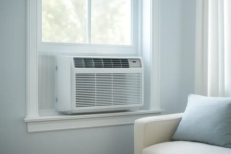 A white window air conditioner installed above a windowsill, beside a cream armchair with a blue pillow in a sunlit living room