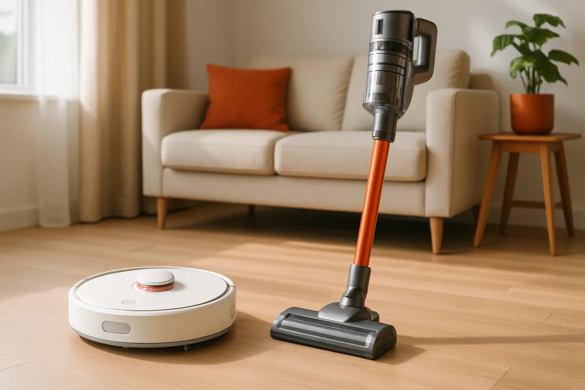 A robot vacuum and a cordless stick vacuum side by side on a wooden floor