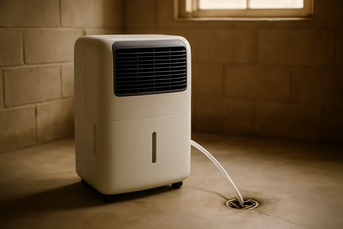 A cream coloured portable dehumidifier on a concrete basement floor with a hose running from it to a round floor drain, lit by a small high window