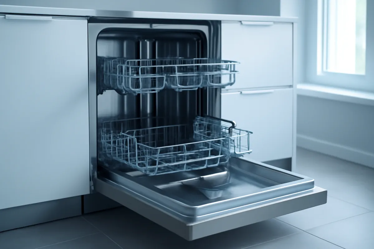 A modern stainless steel dishwasher standing open in a bright, clean contemporary kitchen with racks visible under soft daylight