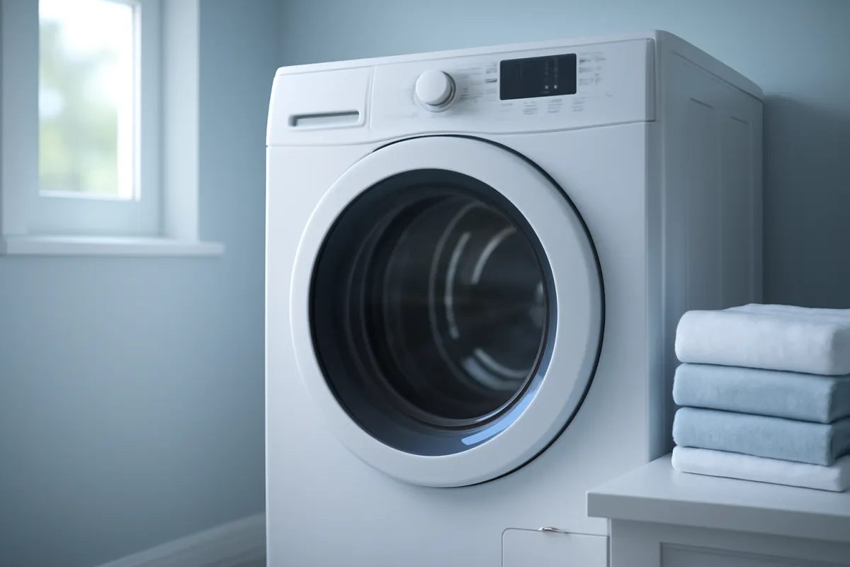 A modern white front-load clothes dryer in a bright, calm laundry room with folded towels stacked nearby under cool daylight