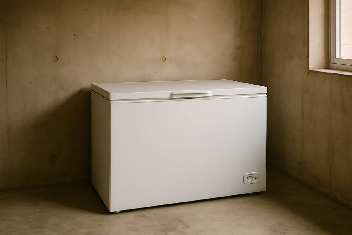 A white chest freezer with a closed lid standing against a bare concrete wall in a plain room lit by a side window