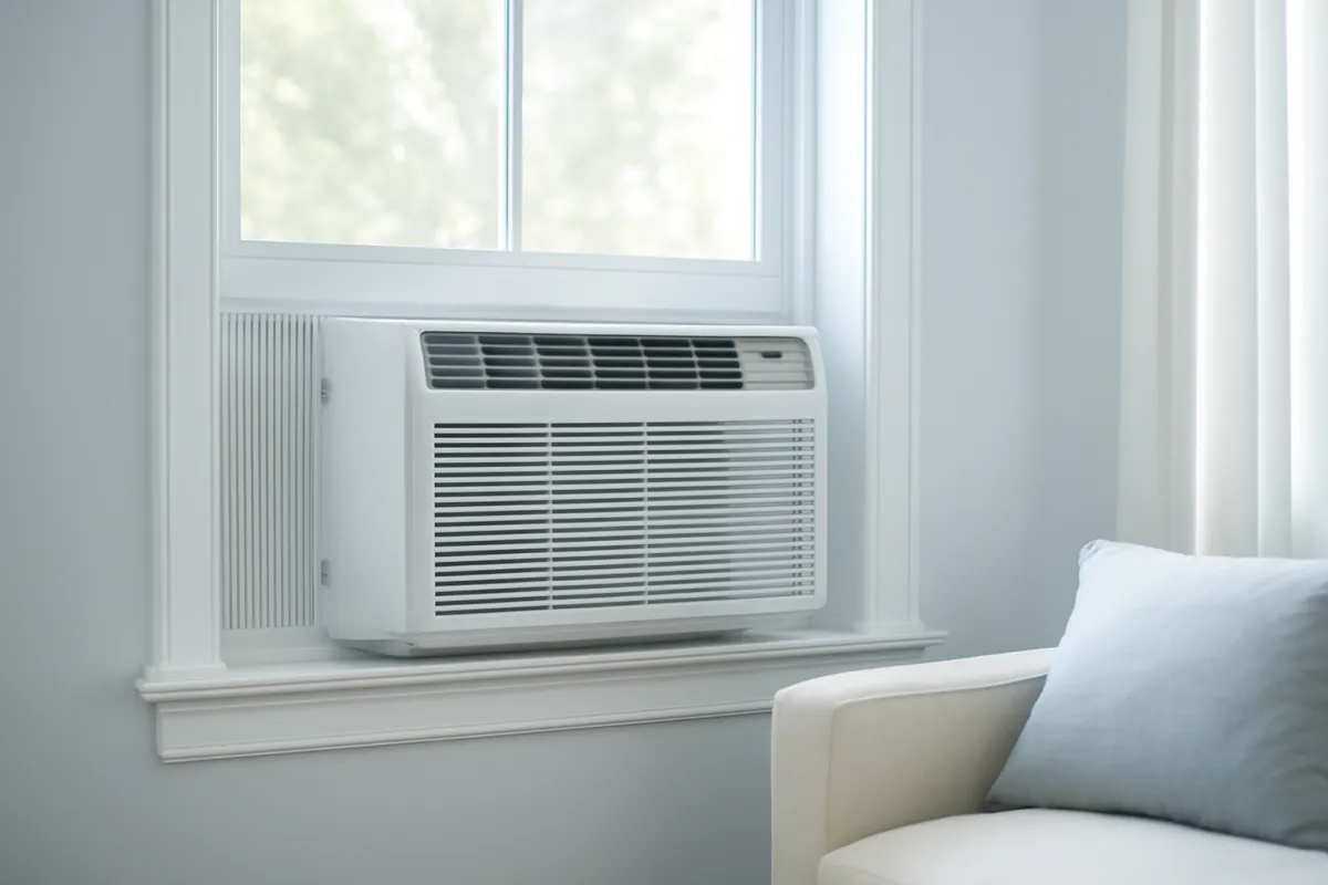 A white window air conditioner mounted in a sunny living room window with cool blue daylight spilling across the floor