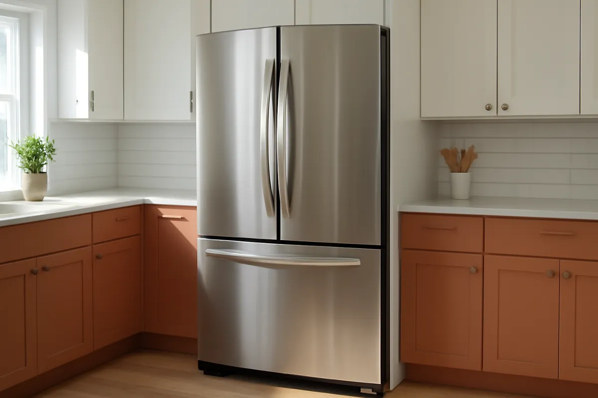 A modern stainless steel French-door refrigerator standing in a clean, bright contemporary kitchen with cool daylight across the floor