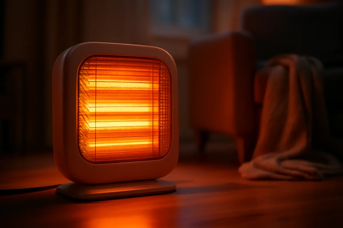 A modern electric space heater glowing warmly on a wood floor in a cozy living room at dusk