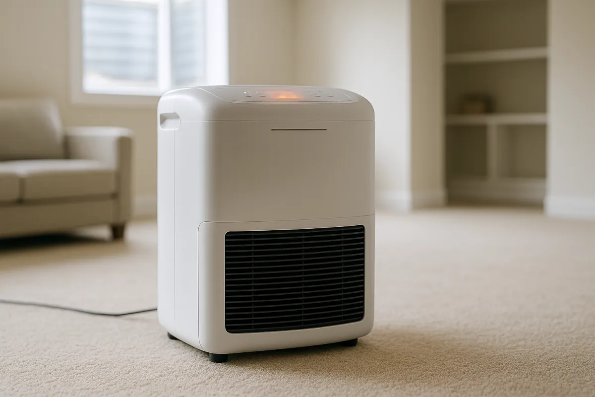 A modern white dehumidifier running on the floor of a bright, calm room