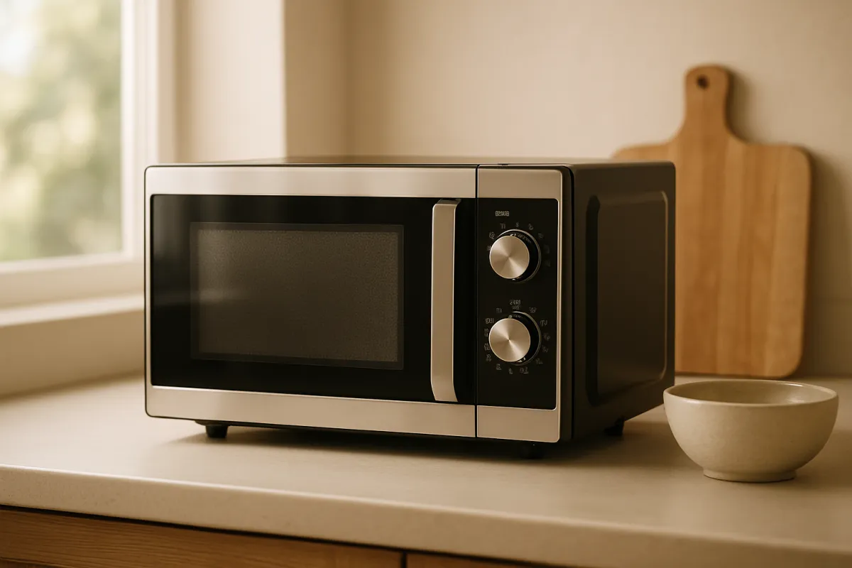 A stainless and black countertop microwave on a kitchen counter beside a wooden cutting board and a small bowl