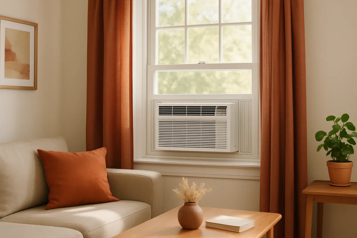 A white window air conditioner fitted into the lower sash of a white double-hung window with rust-orange curtains on either side, a cream sofa with an orange cushion in front and a potted plant on a side table