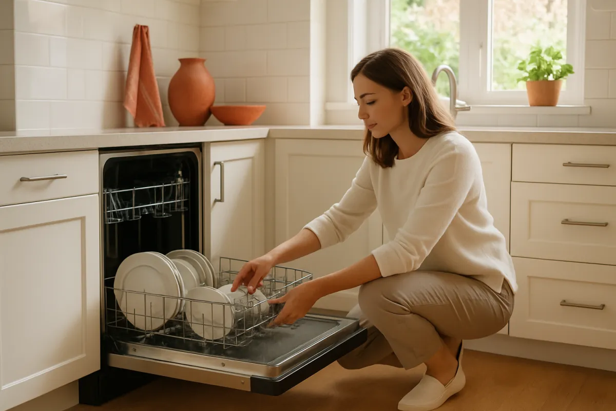 A person kneeling at an open dishwasher pulling out the lower rack in a bright modern kitchen