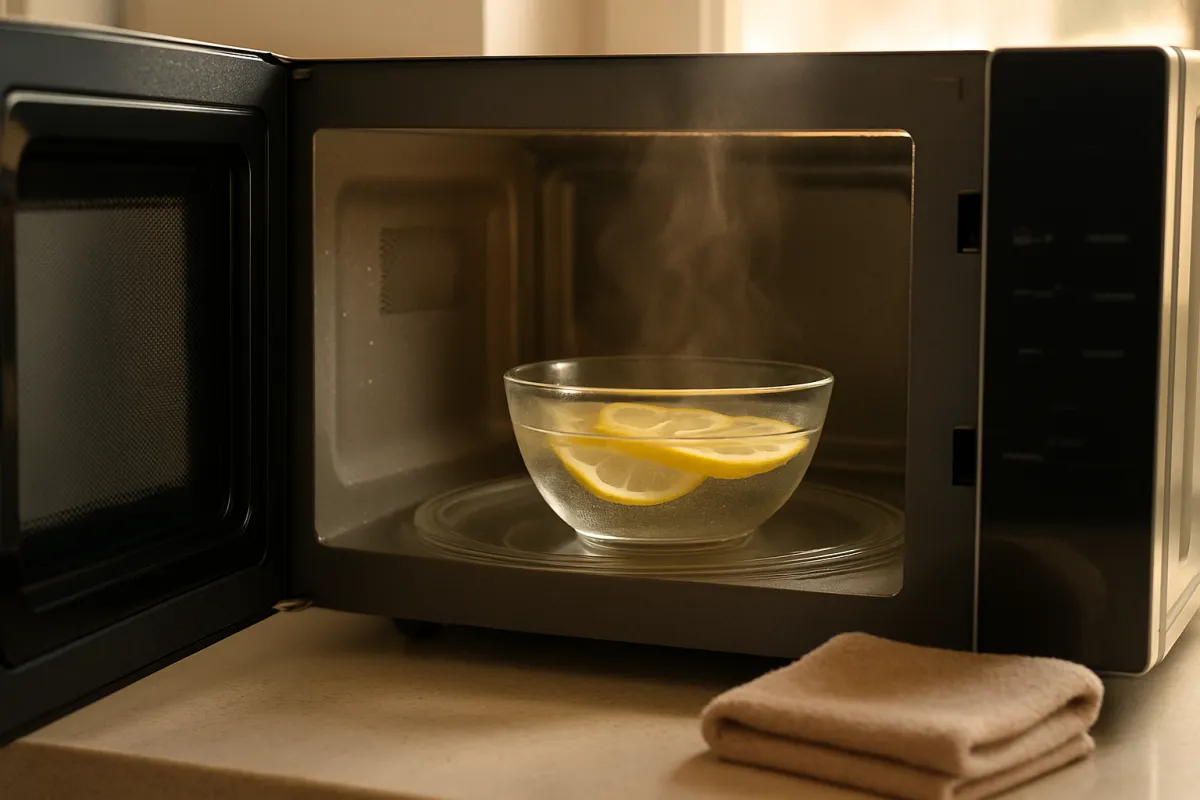 An open countertop microwave holding a glass bowl of water with lemon slices, steam rising from it, a folded cloth on the counter