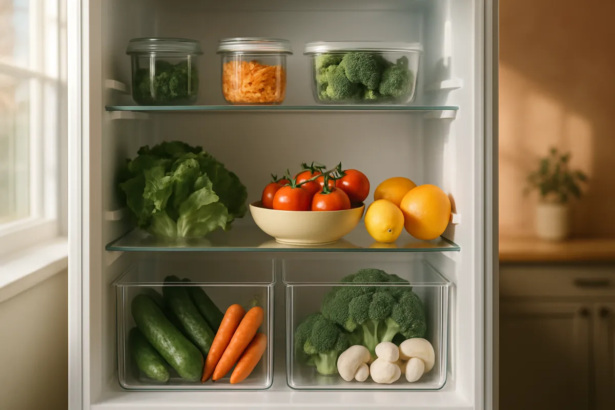 A refrigerator interior with glass shelves holding lidded containers of greens and shredded orange vegetable, a lettuce, a bowl of tomatoes, lemons and oranges, and clear drawers below with cucumbers, carrots, broccoli and mushrooms