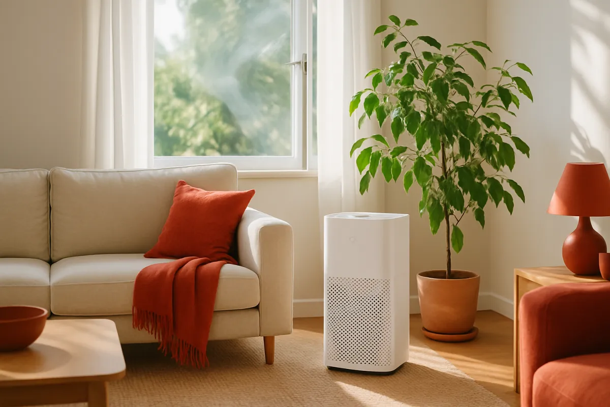 A bright airy modern living room in fresh daylight with a white HEPA air purifier running beside a leafy green houseplant and a slightly open window letting fresh air in