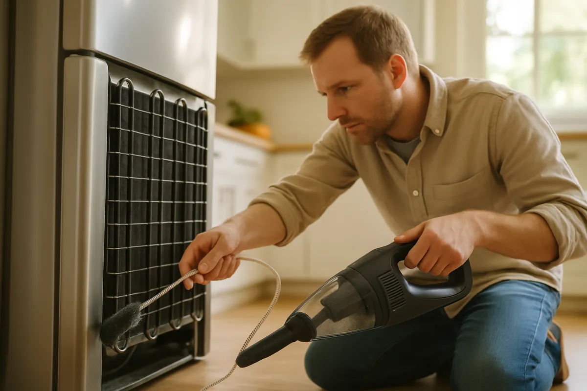 A man kneeling beside a large kitchen appliance with a brush and a handheld vacuum, an illustrative home appliance deep-clean scene