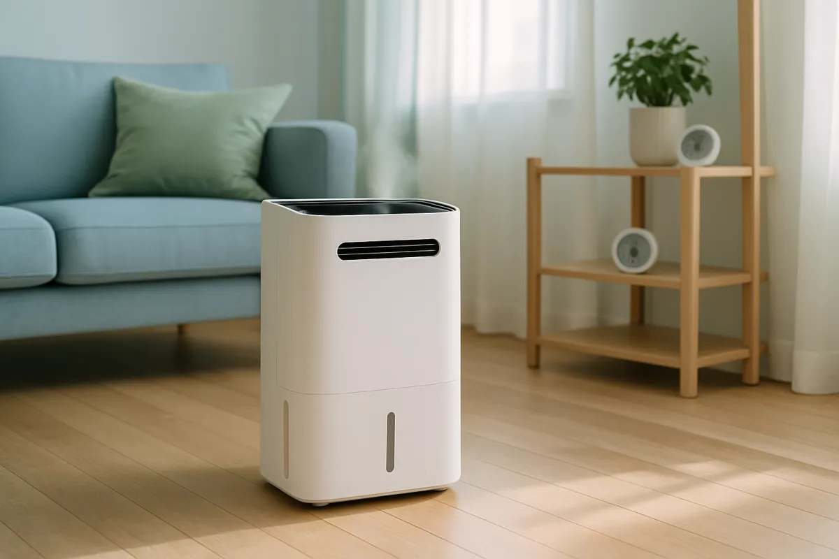 A modern white portable dehumidifier running on the wood floor of a bright airy living room in fresh daylight