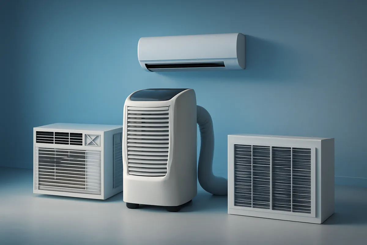 A window air conditioner, a tall portable unit with a hose, a slim wall-mounted mini-split head, and a central AC vent lined up on a floor