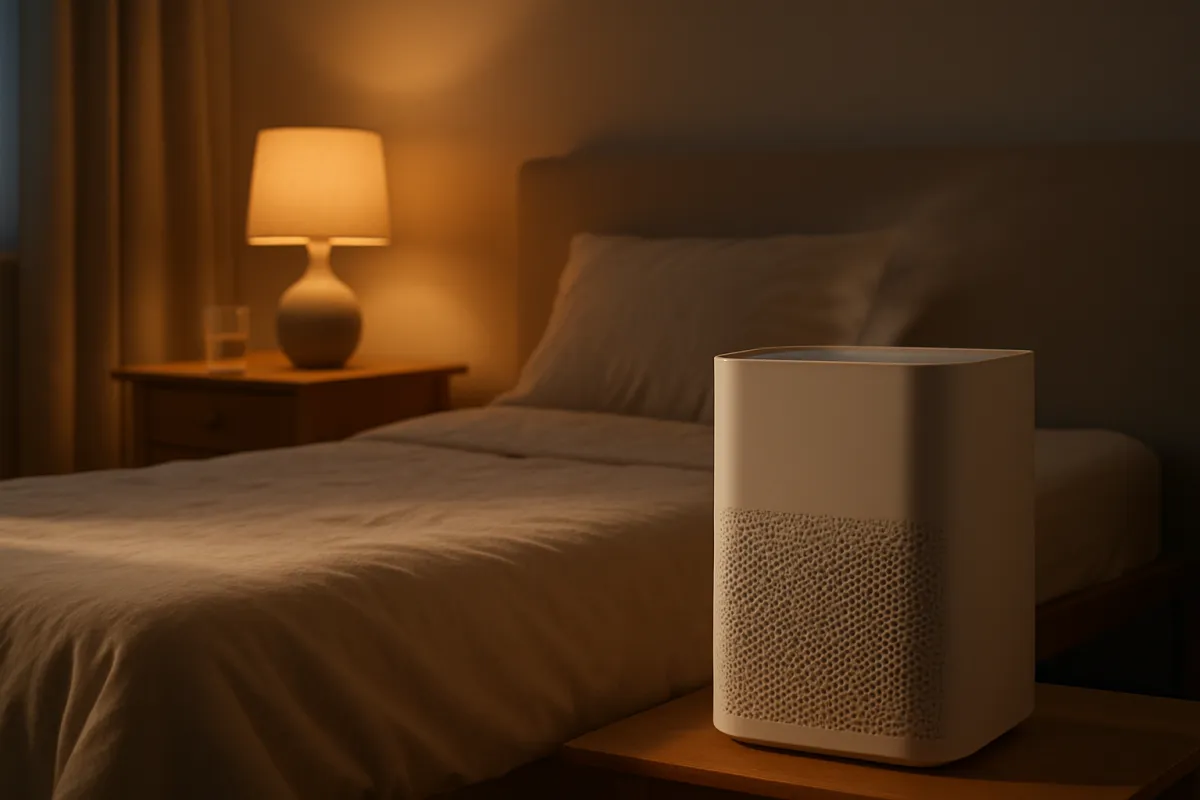 A compact air purifier running beside a bed in a small warm-lit room, the scale of appliance a dorm room can actually hold