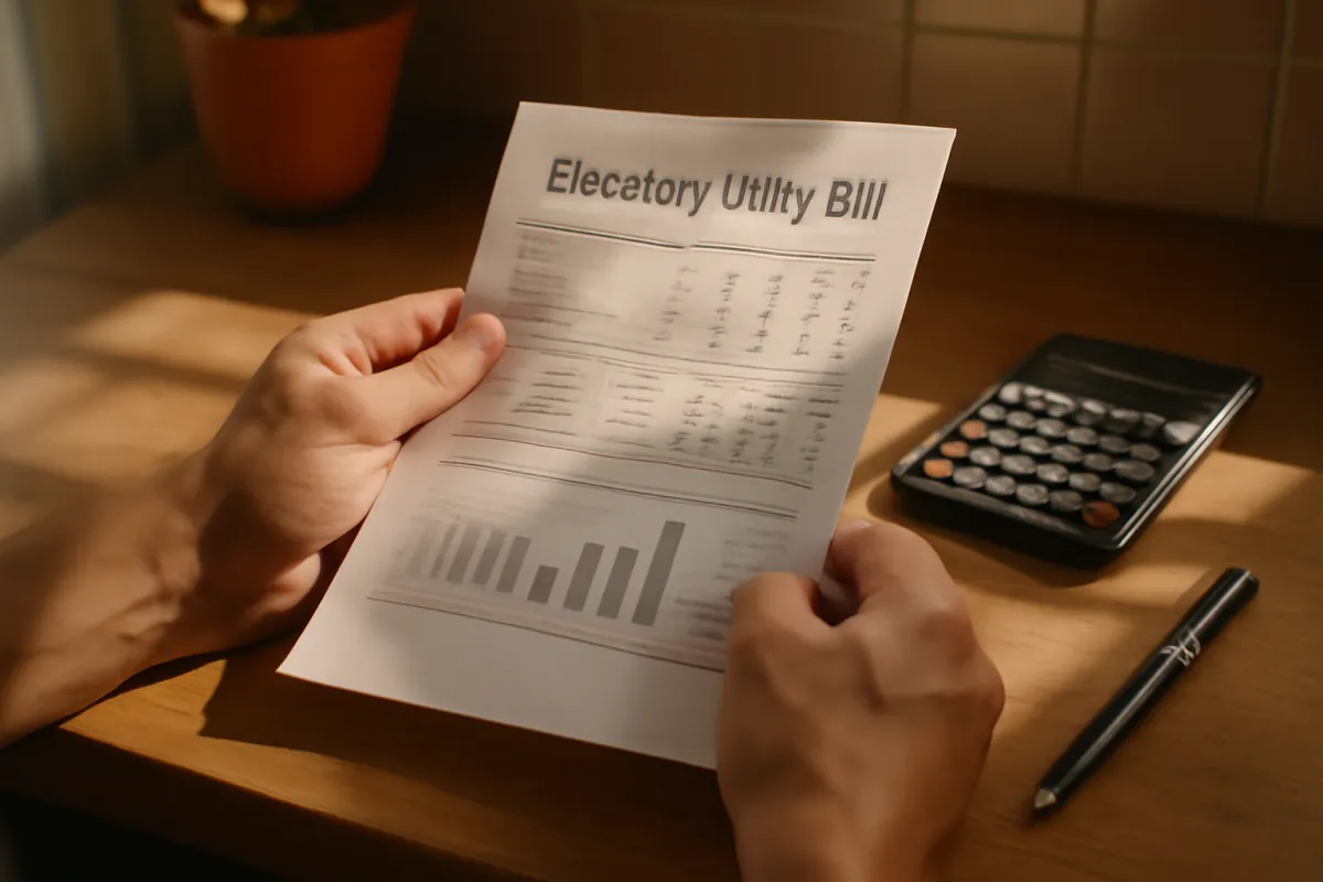 A person's hands reviewing a paper electricity bill at a kitchen table with a calculator and pen in warm morning light