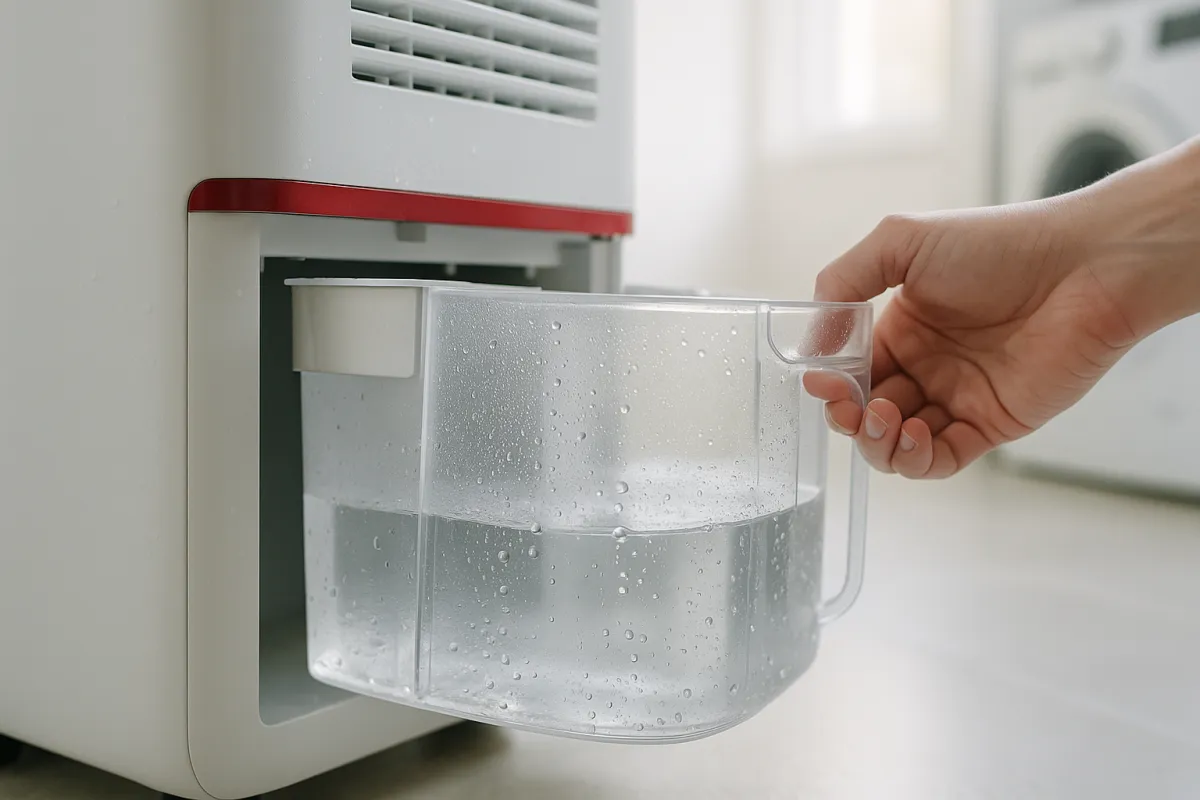 A hand pulling a clear water collection tank out of a white dehumidifier, water visible inside