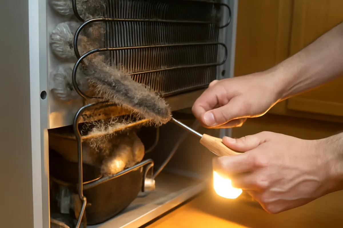 Hands working a long slim coil brush through the dusty condenser coils on the back of a refrigerator, lit by a work light