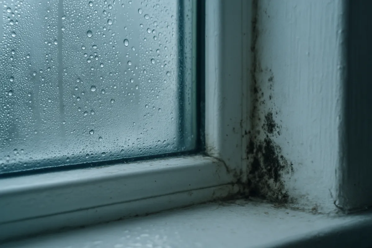 Close-up of condensation droplets and a small patch of early black mold in the corner of a window frame in a home