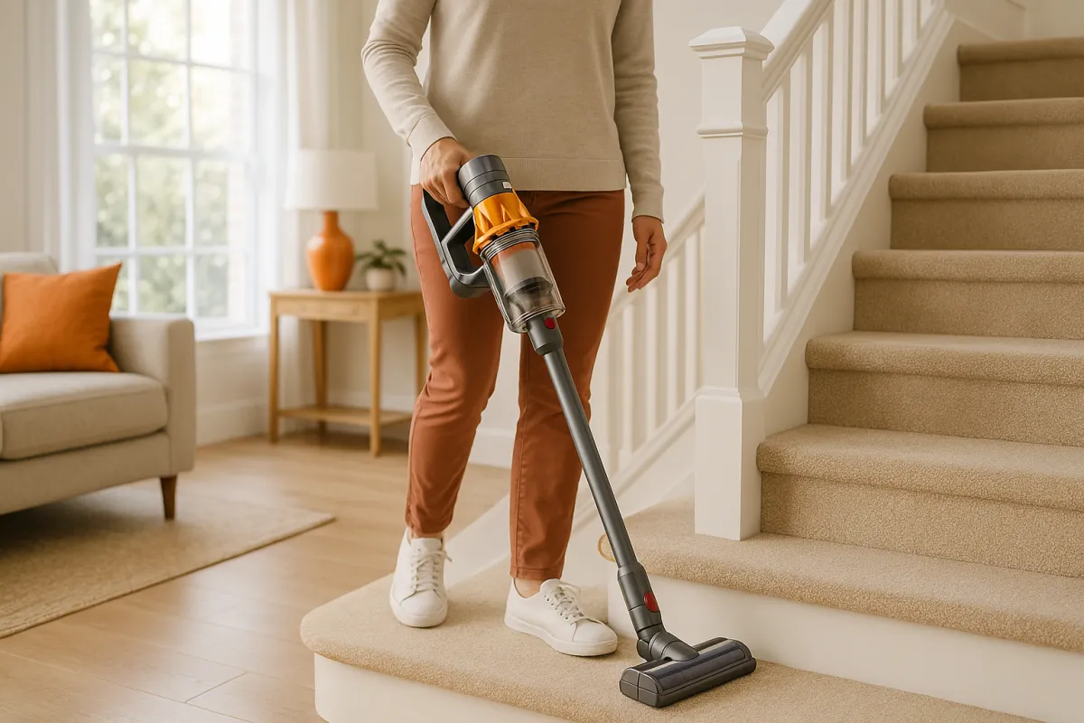 A person using a cordless stick vacuum on stairs