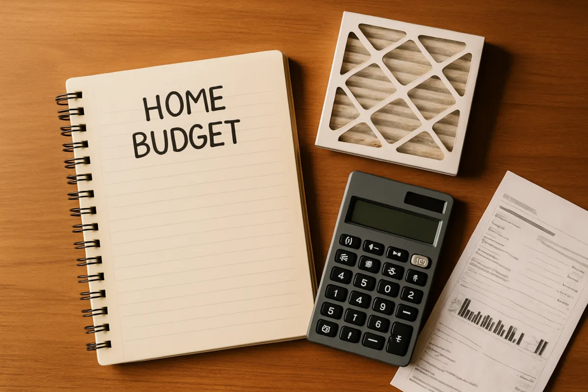 A budgeting notebook, calculator, and air filter laid out on a wooden desk