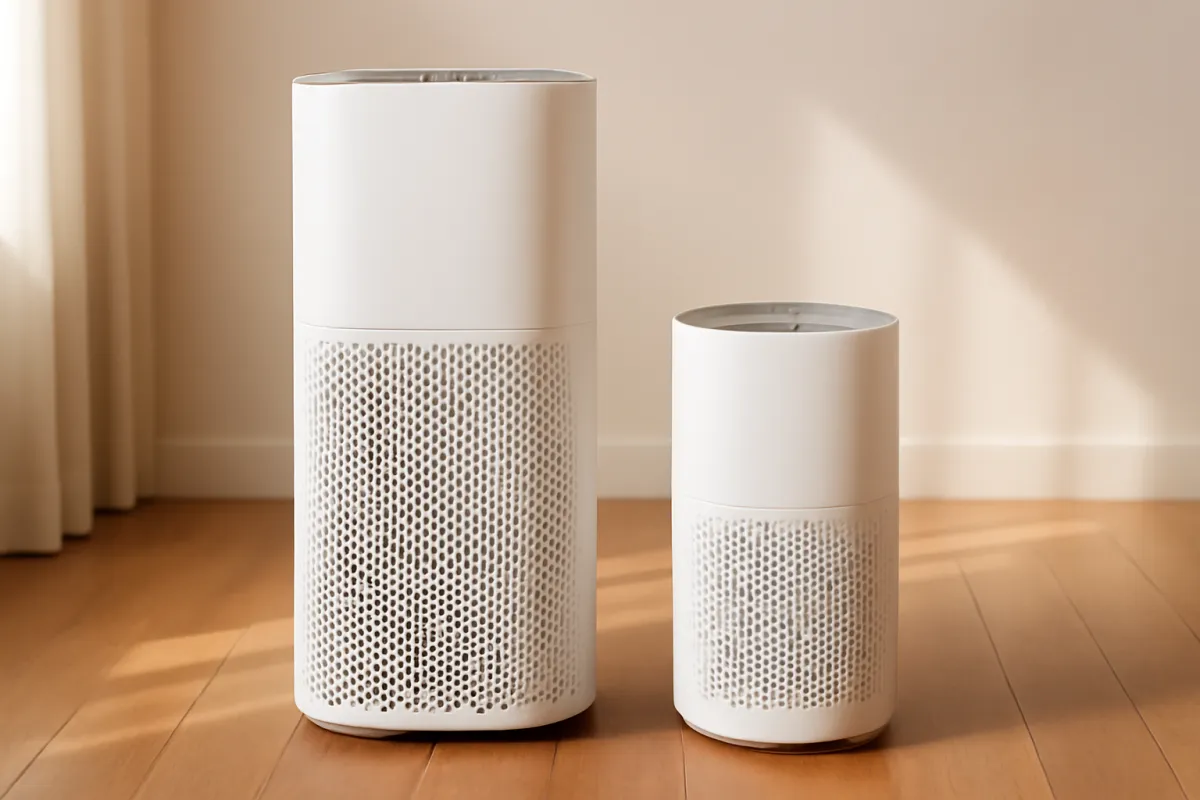 A tall large-room air purifier and a small compact unit standing side by side on a wood floor