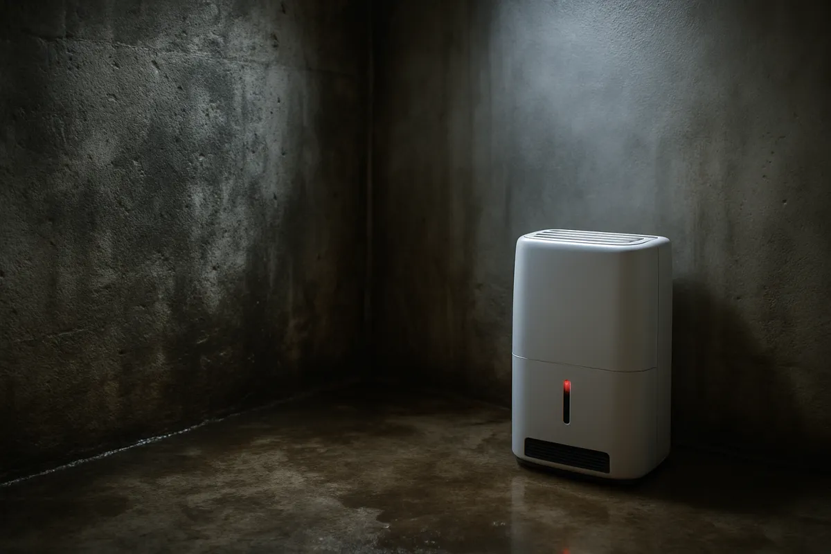 A dehumidifier running in a damp concrete corner with staining up the cool walls, the kind of moisture a crawl space collects