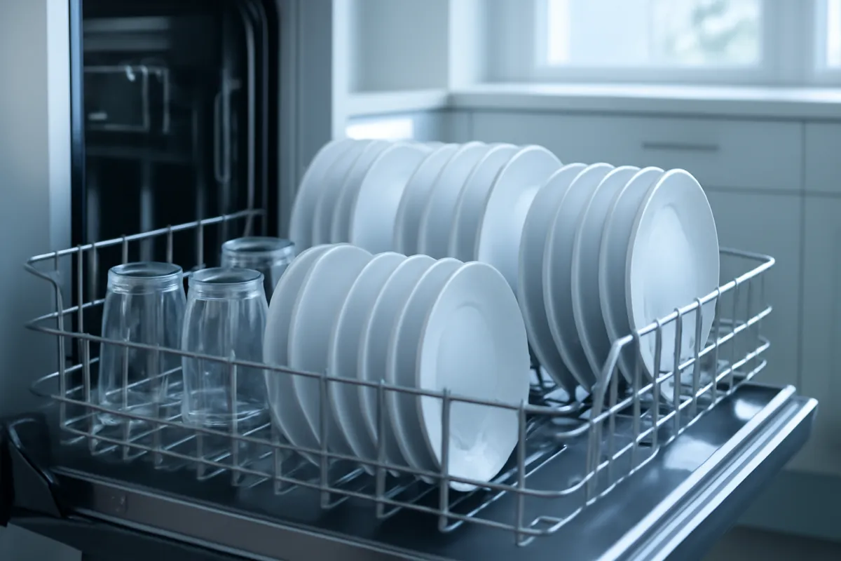 An open dishwasher with the lower rack pulled out, loaded with white plates and clear glasses, in a cool-toned kitchen