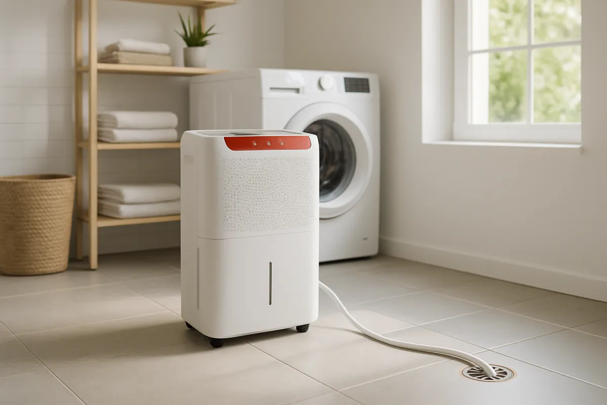 A white dehumidifier with a hose running across a tiled floor into a round floor drain, with a front-load washing machine behind