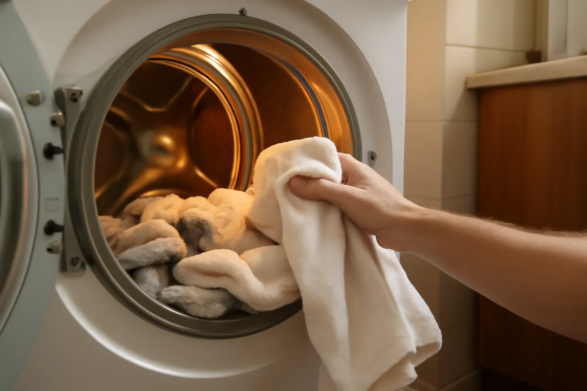 A hand pulling a cream towel from the open drum of a front-loading machine with more folded towels inside, in warm light