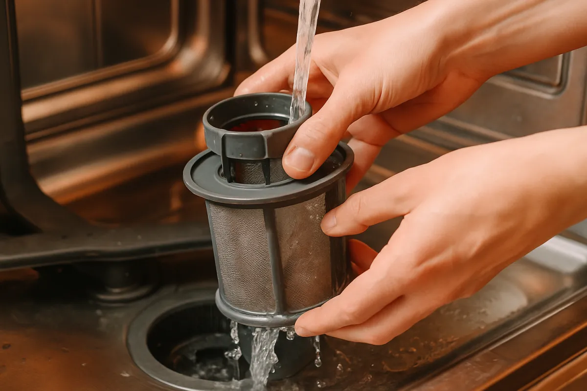 Two hands twisting and lifting the cylindrical mesh filter out of the bottom of a stainless steel dishwasher tub to rinse it under running water