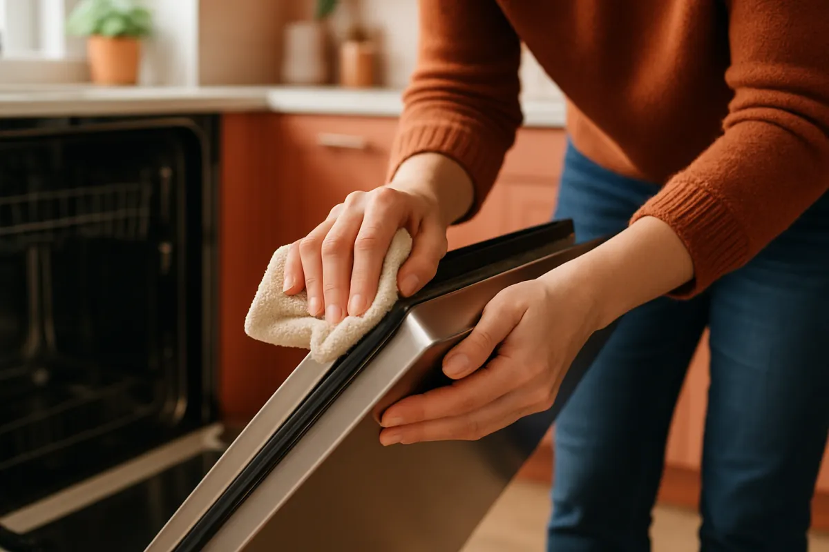 A person wiping the rubber door seal and stainless steel edge of a dishwasher door with a microfiber cloth