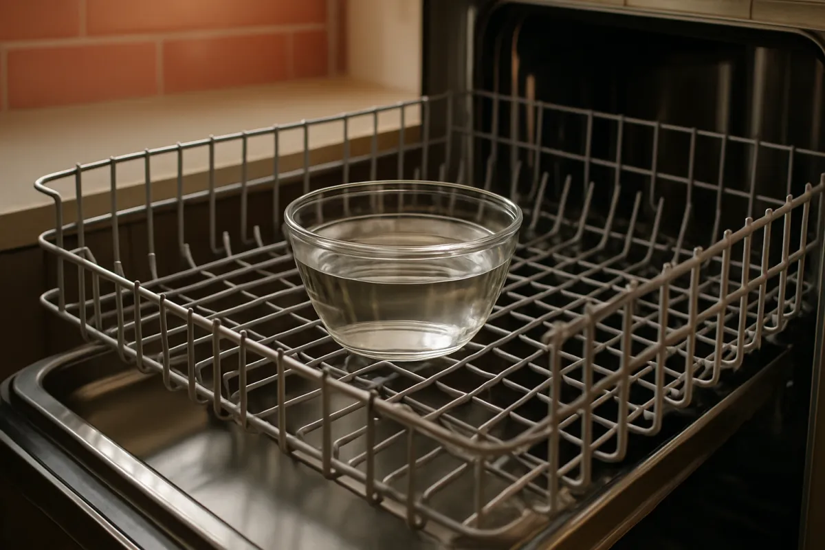 A clear glass bowl of diluted white vinegar resting on a stainless steel appliance rack, the mild acid used for dissolving water spots