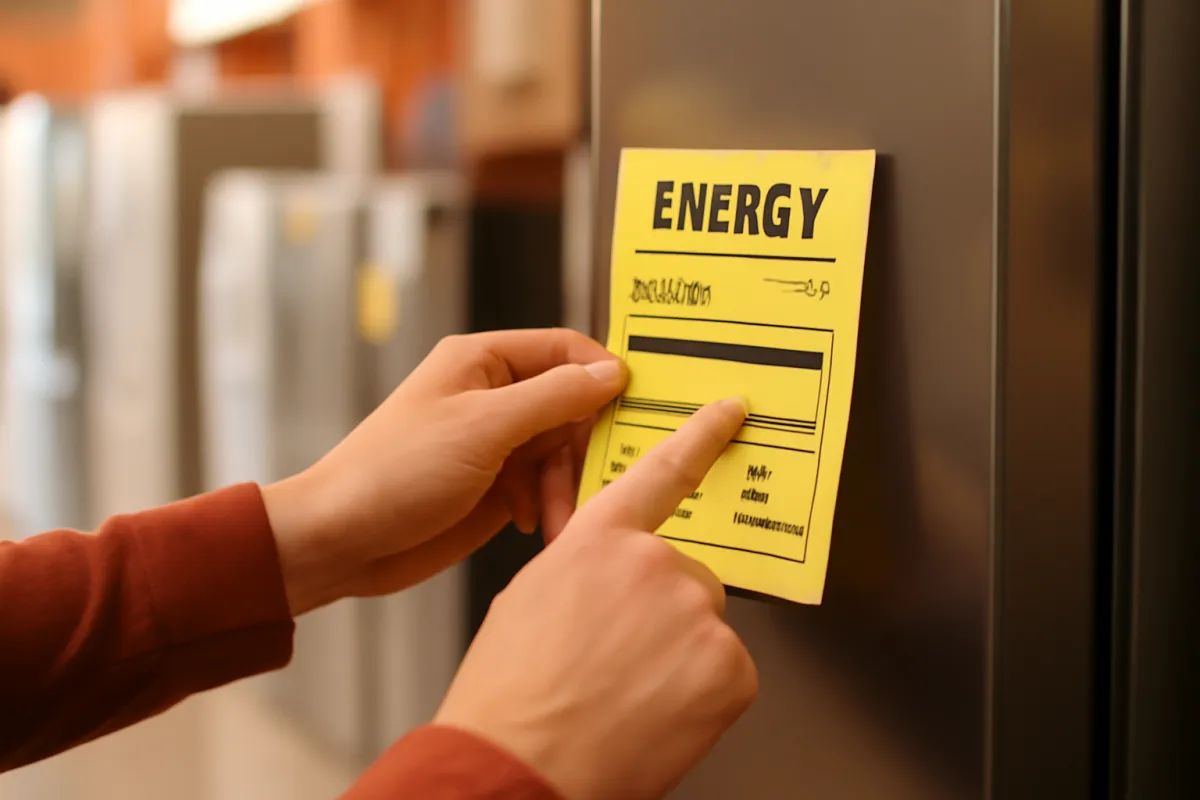 Two hands holding and pointing at a yellow energy information label attached to a stainless steel appliance, with more appliances blurred behind in a showroom