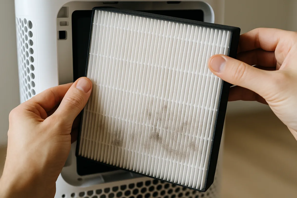 Two hands removing a pleated HEPA filter marked with captured dust from an air purifier