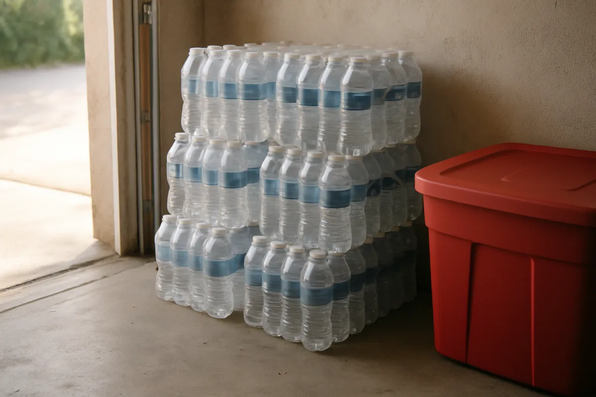Shrink-wrapped flats of bottled water stacked in a home garage
