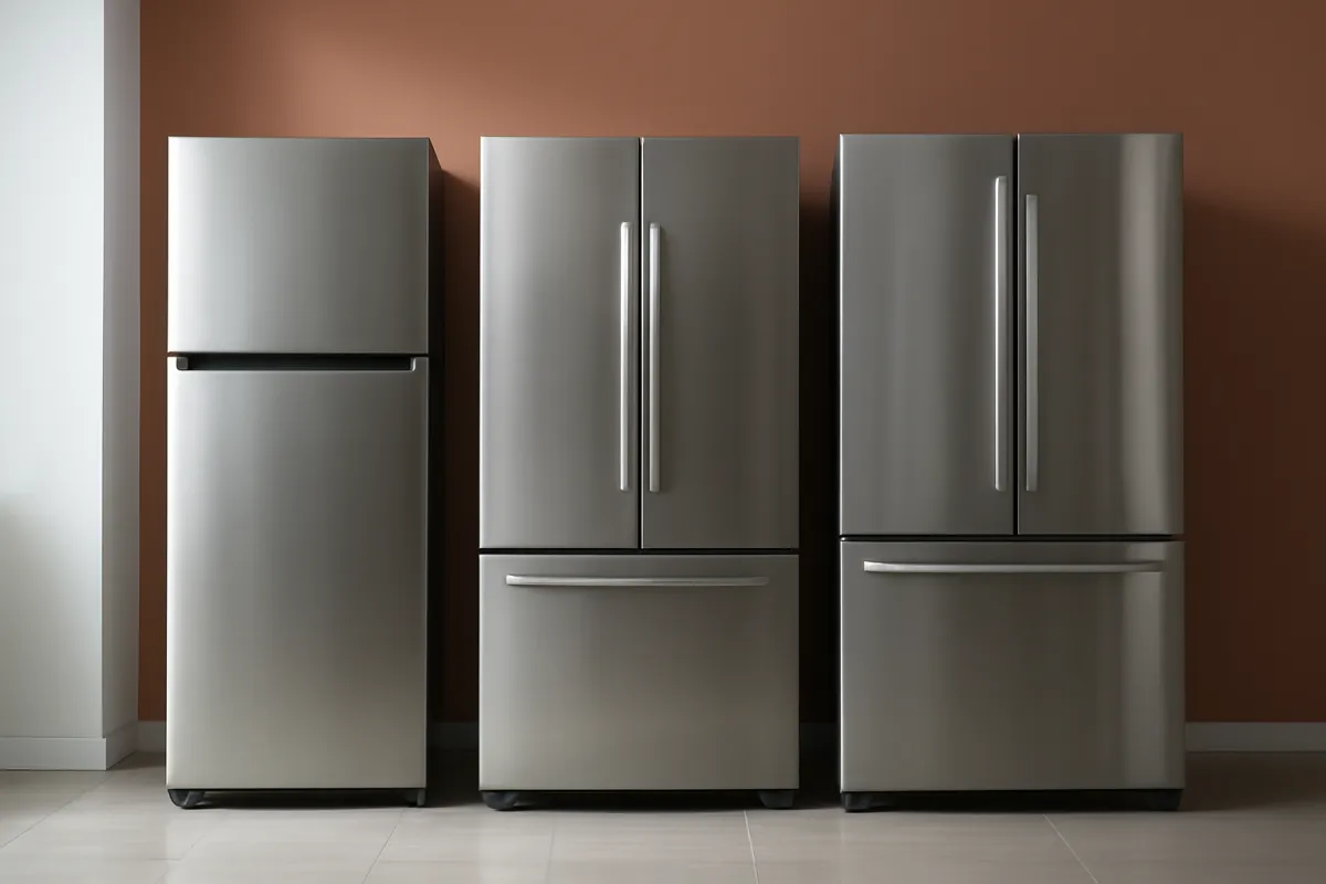A row of stainless steel refrigerators with brushed metal fronts lined up in a bright appliance showroom