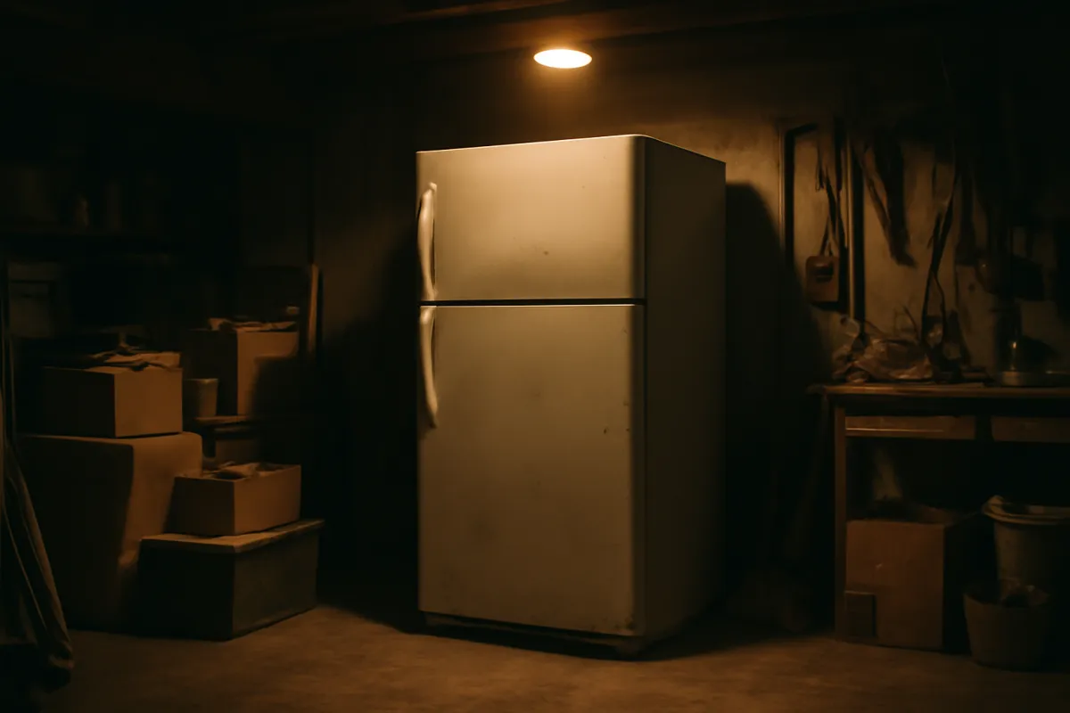 An old white refrigerator standing alone in a cluttered dim garage beside storage boxes