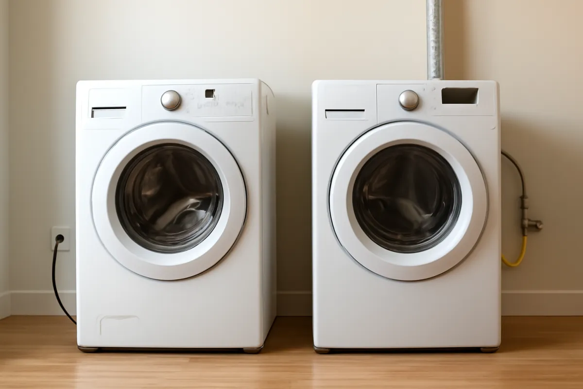An electric dryer with a power cord beside a gas dryer with a vent pipe and gas line in a laundry room