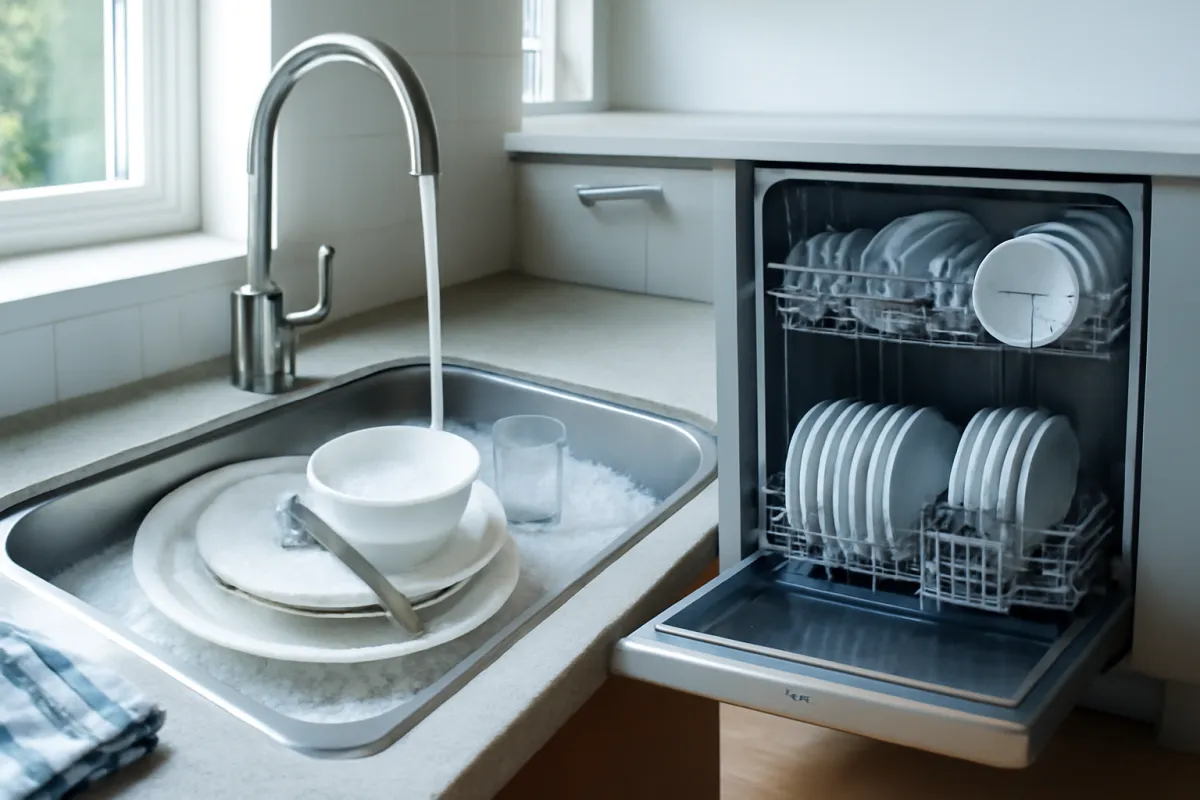 A kitchen sink full of soapy dishes under running tap water beside an open dishwasher, the hot soapy soak setup a greasy filter needs