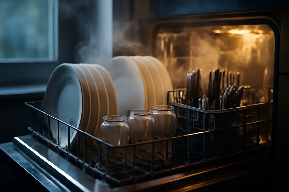 Steam rising from an open dishwasher door with clean dishes at the end of a heated dry cycle