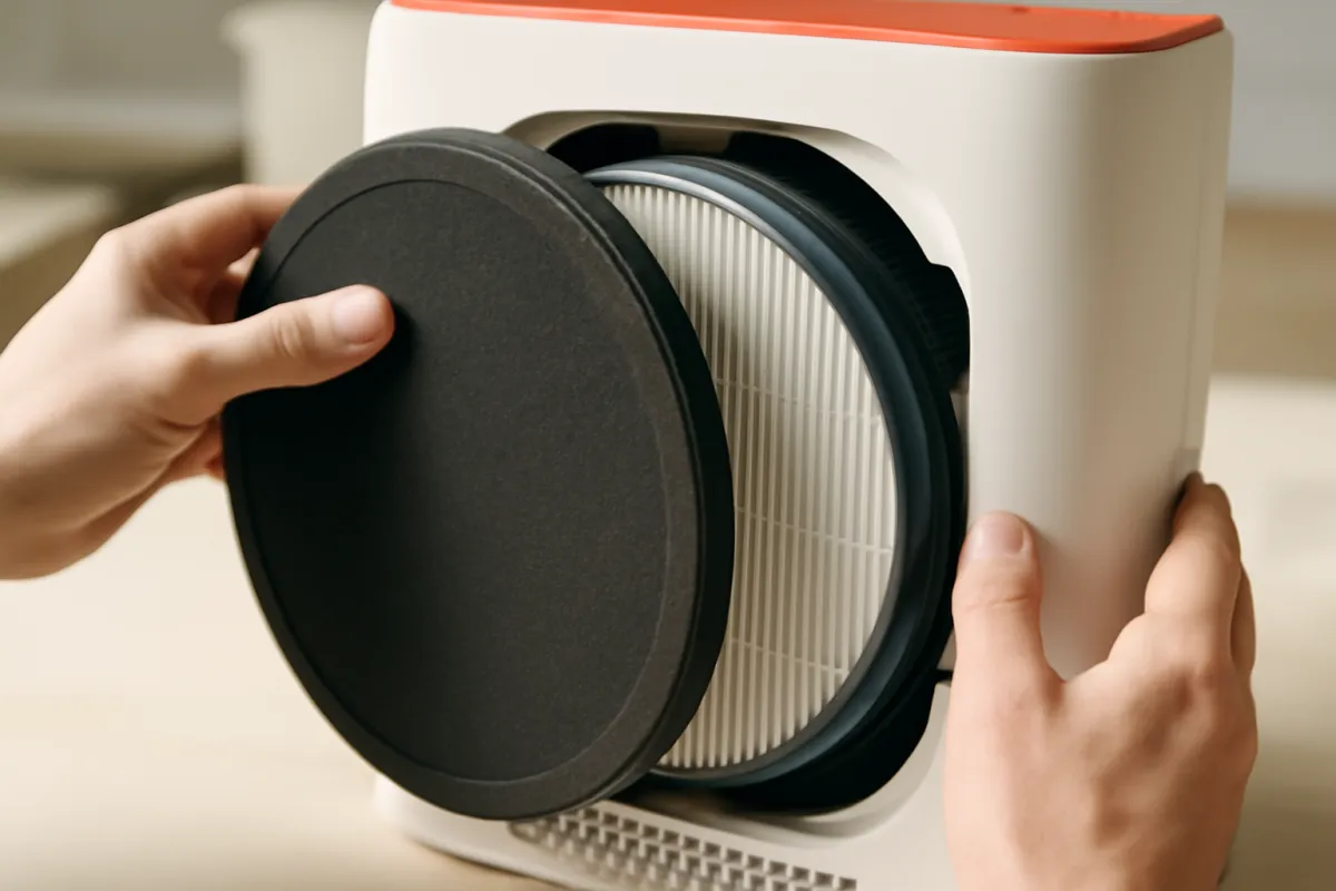 Hands lifting the dark round carbon cover away from the pleated HEPA filter inside a white air purifier