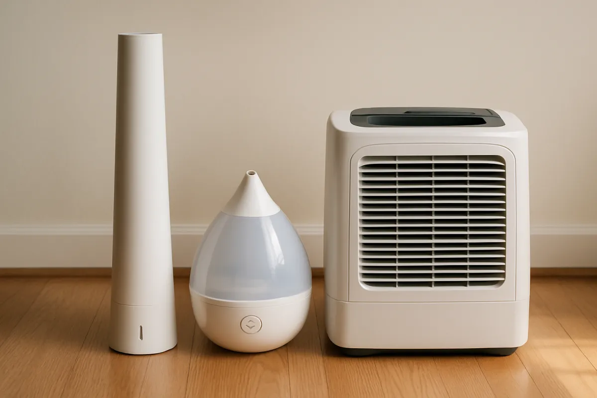 Three humidifiers side by side on a wood floor: a tall slim tower unit, a rounded tabletop unit with a translucent water tank and a mist nozzle, and a boxy console unit with a large front grille