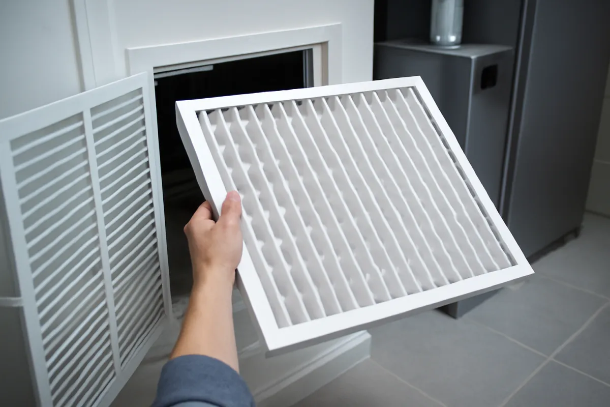 A hand sliding a fresh pleated furnace filter into the return vent of a home heating and cooling system in soft natural light