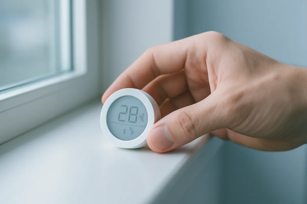 A hand placing a small round digital hygrometer on a windowsill in a home in soft natural daylight