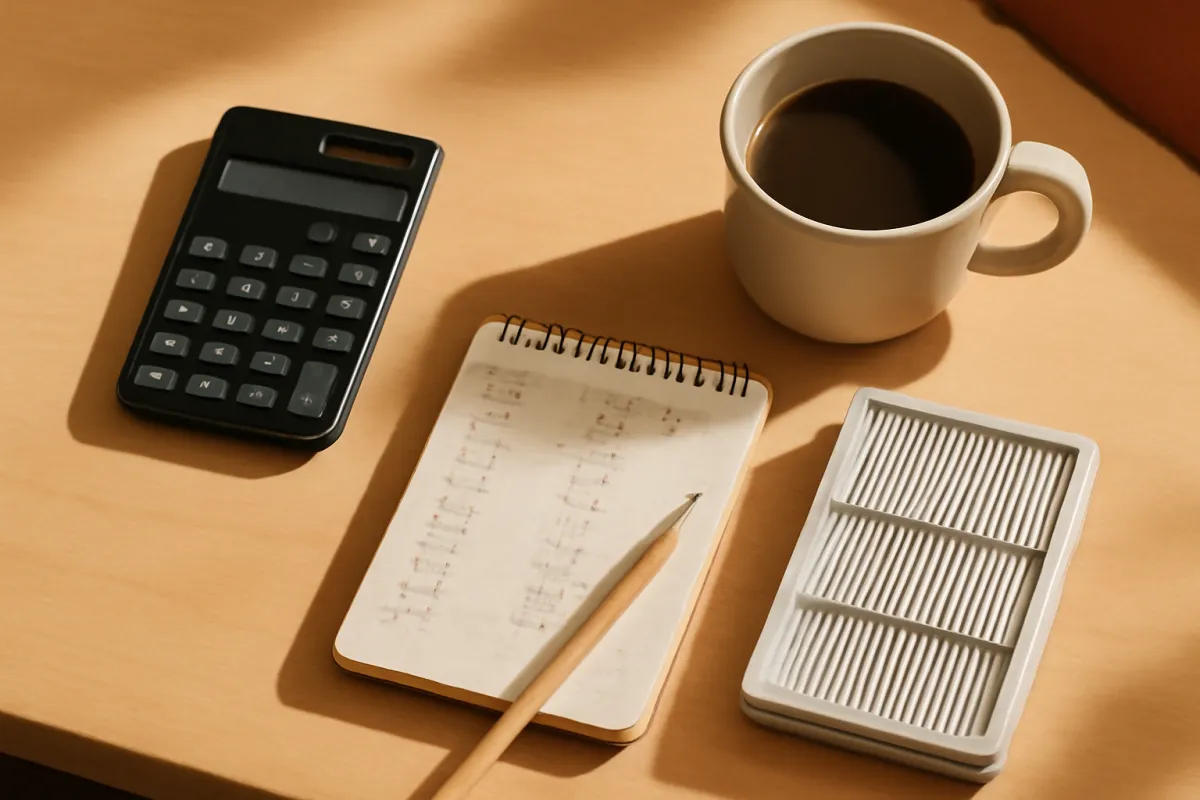 A black calculator, a small spiral notepad with handwritten rows, a pencil, a mug of black coffee, and a white pleated filter cartridge arranged on a wooden desk in warm light
